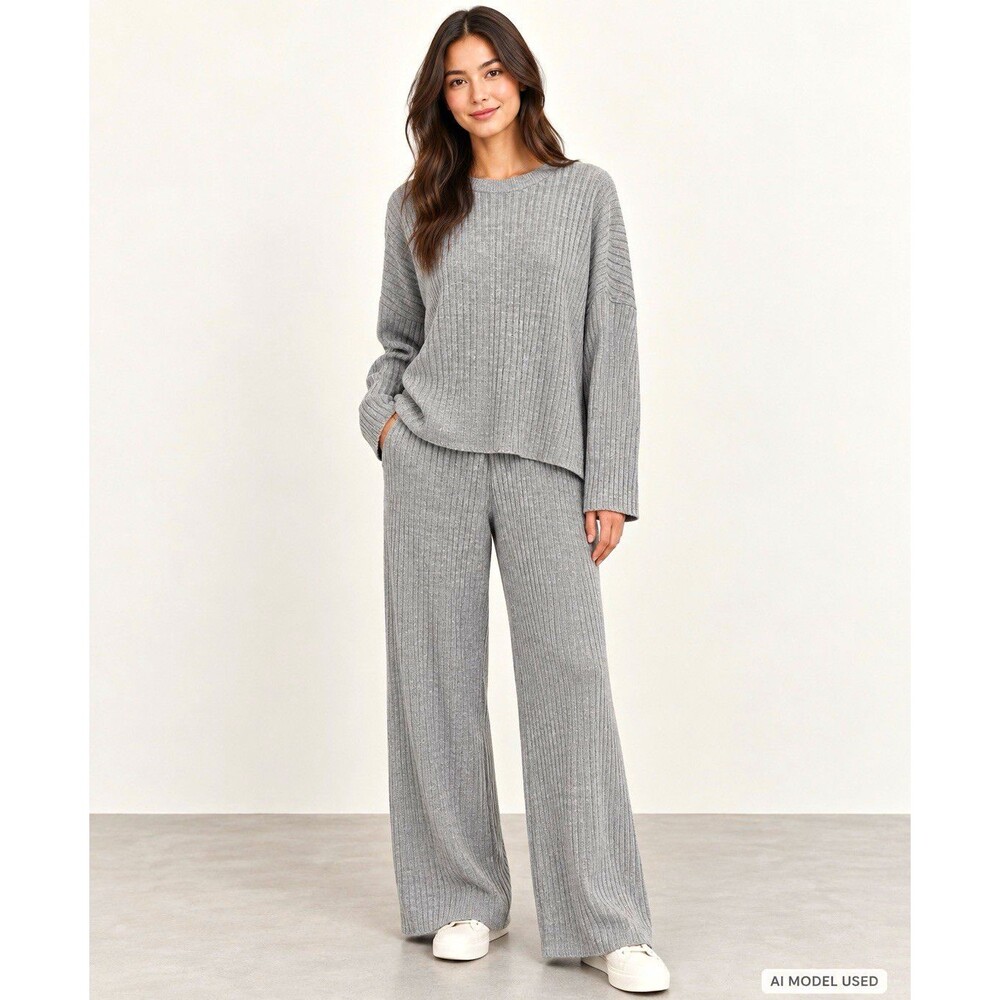 Nasty Gal Women's Gray Ribbed Knit Acrylic Sweater Wide-Leg Pants Set 2 Size 12